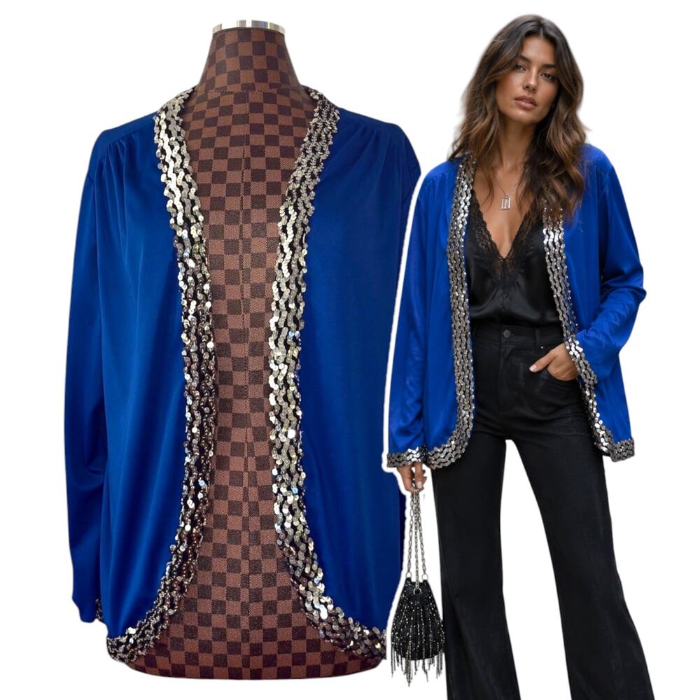 Vintage 80s Blue Sequin Trim Evening Jacket Open Front Disco Glam Cardigan USA